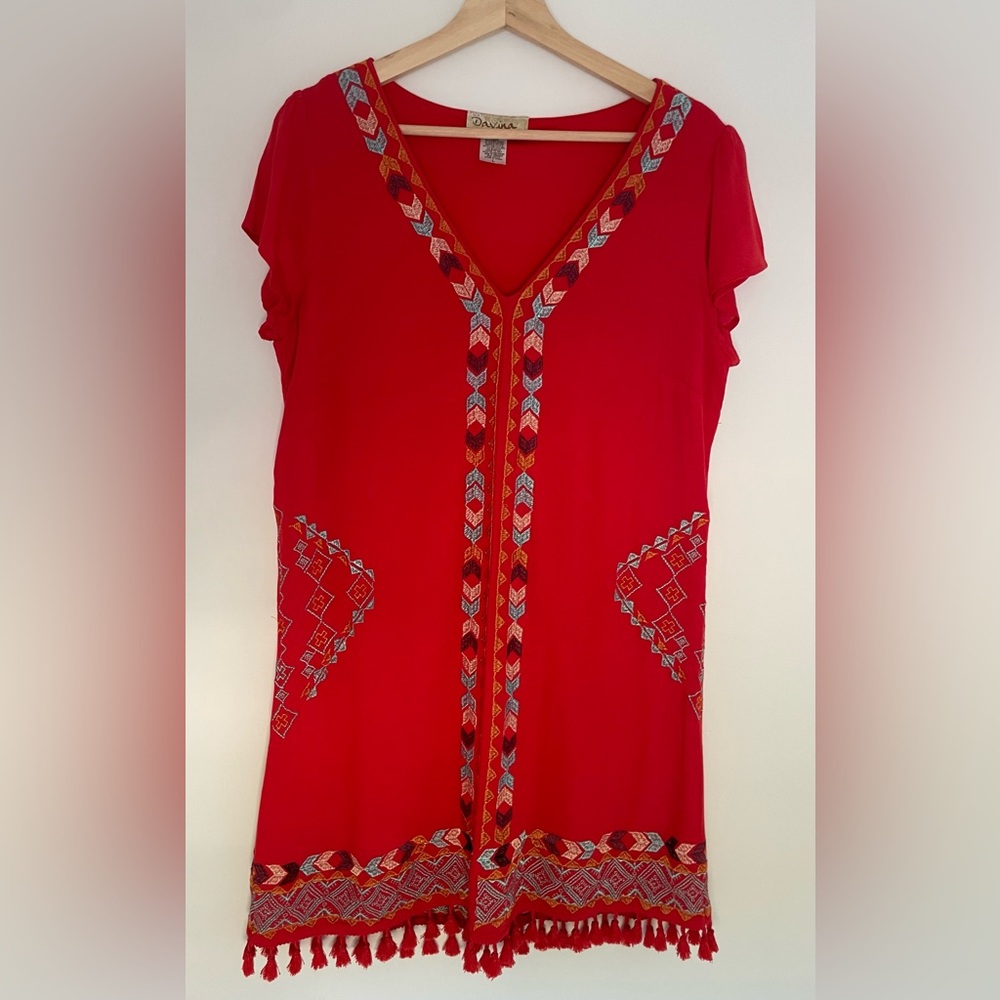 Davina red dress with tassel detail. V neck. Size L